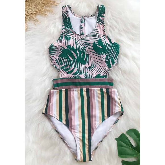 Miss U Palms and Stripes One-Piece Swimsuit, Medium - Picture 2 of 3